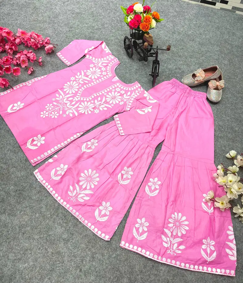 OC 140 Rayon Cotton Embroidery Kids Sharara Suits Girls Wear Wholesale Online